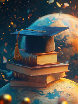 Education to learn study in world. Graduated student studying abroad international idea. Master degree hat on top globe book. Concept of graduate educational for long distane learning - generative ai