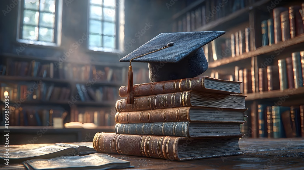Poster graduation cap resting on a stack of books against a cozy library background with a rustic wooden ta