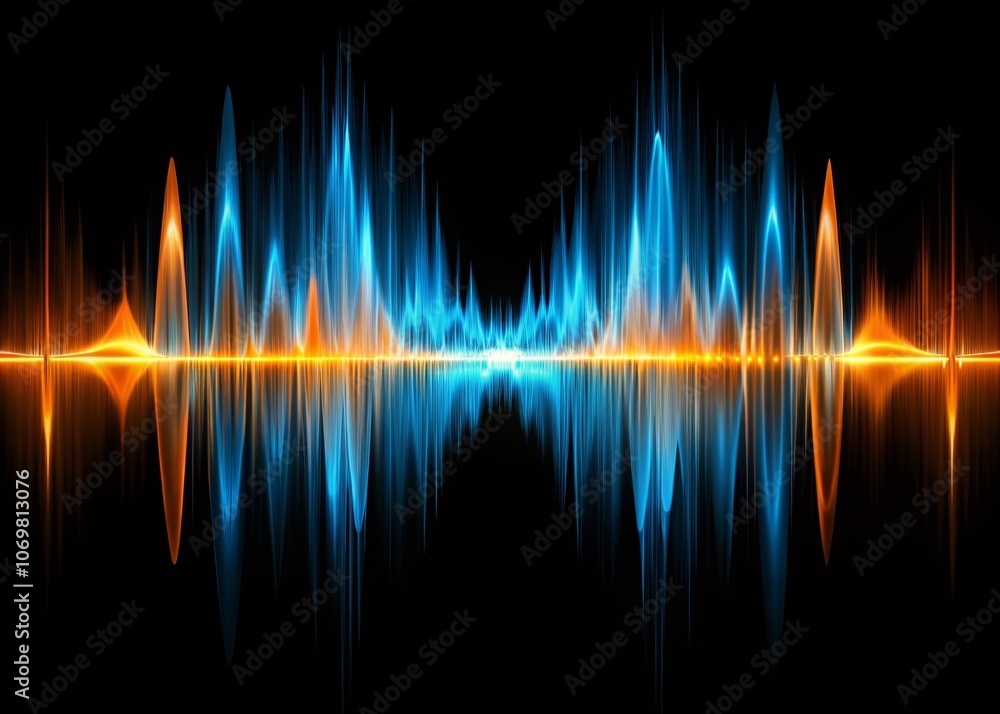 Poster vibrant sound waves: abstract portrait photography in blue and orange on a black background capturin
