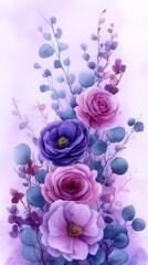 Symmetrical watercolor floral border frame, centered arrangement of violet roses and lilac peonies, eucalyptus foliage accents, transparent background, refined and balanced