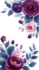 Symmetrical watercolor floral border frame, centered arrangement of violet roses and lilac peonies, eucalyptus foliage accents, transparent background, refined and balanced