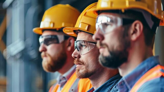 A team of construction workers takes a break to chat with a group of visitors answering questions and sharing their experiences.