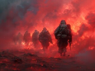 Fototapeta premium Soldiers in a Fiery Battlefield: A Powerful Depiction of War's Devastation