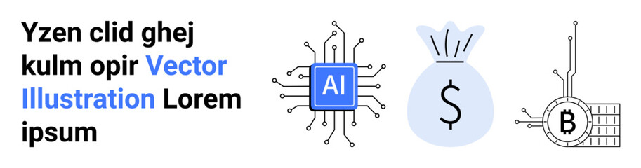 Microchip with AI symbol, money bag with dollar sign, Bitcoin symbol with circuit. Ideal for fintech, AI applications, cryptocurrency trading, digital finance, investment platforms, tech startups