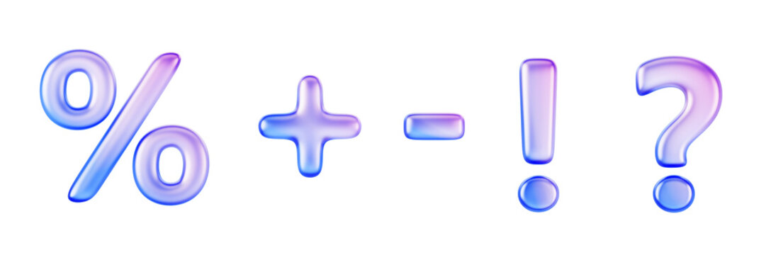3d glass holographic symbols render icon set. Percent sign, question mark, exclamation point, plus and minus with blue pink hologram gradient texture. Isolated glossy design elements. 3D illustration