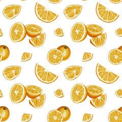 Seamless pattern of orange slices, halves and round fruits. Orange color. Watercolor illustration. No background