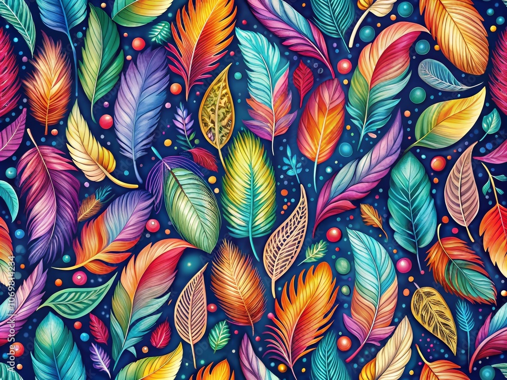 Poster vibrant whimsical feathers seamless pattern in panoramic view for textile and wallpaper designs, sho