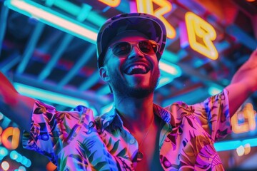 Obraz premium Vibrant festival atmosphere with young DJ celebrating summer nightlife.