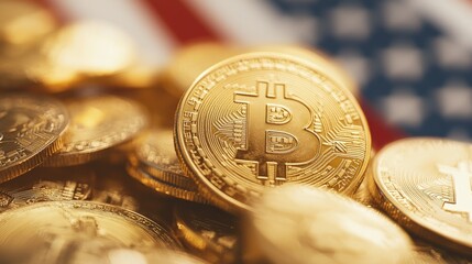 Golden Bitcoin Coins Piled Over an American Flag Background