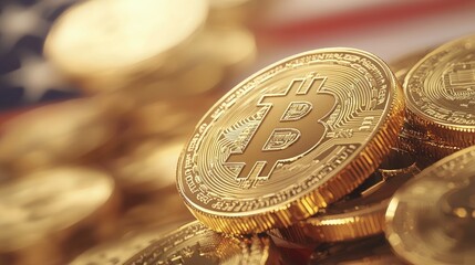 Bitcoin Cryptocurrency Coins Piled Against a Background of American Flag