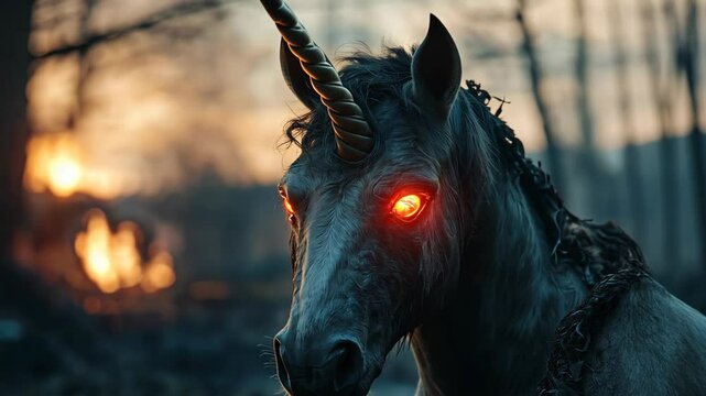 a devilish black unicorn horse with glowing eyes walking at burnt village with smoke and fire	
