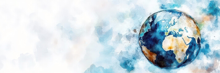 Artistic watercolor depiction of earth for World Meteorological day awareness design. Horizontal banner. Copy space. Climate change concept. Global warming problem. Watercolor illustration