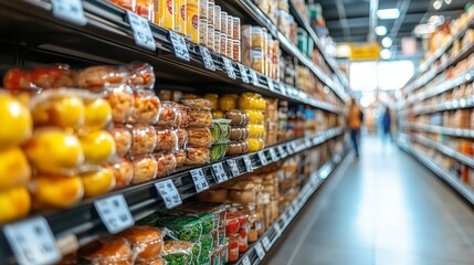 Grocery store aisle with neatly stocked shelves of food products