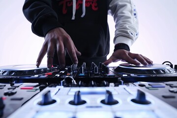 Male dj playing music on white background