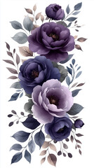 Partial watercolor floral border frame with violet roses, lilac peonies, eucalyptus greenery, semi-circular arch along top and bottom, transparent background, romantic and elegant