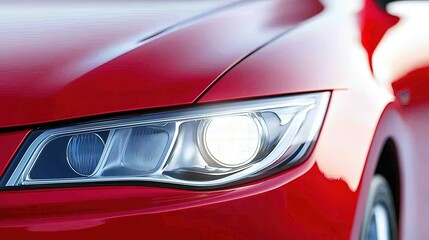 Close-Up View of a Glossy Red Car Headlight and Bodywork