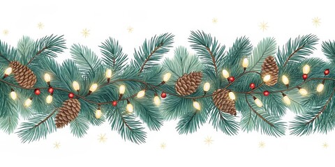 A festive garland of pine branches adorned with warm, glowing lights and rustic pine cones, a charming winter celebration decoration.
