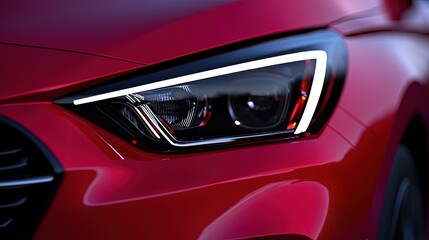 Sleek Red Car Headlight Showcasing Modern Automotive Design Features