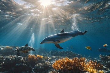 Naklejka premium a bottlenosed dolphin a its calf under the surface of the ocean with sun rays shining through with other tropical fish, bright corals and a sea turtle.generative ai
