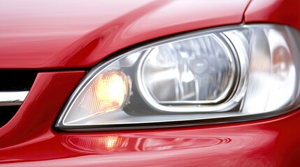 Close-Up of a Glossy Red Car Headlight and Grill