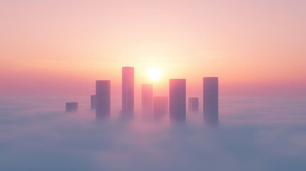 Fototapeta premium City in the Clouds: Sunrise over a misty cityscape, skyscrapers emerge from the fog, bathed in the warm glow of the rising sun. A serene and majestic scene, perfect for evoking feelings of peace.
