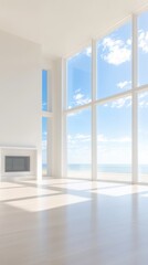 Fototapeta premium Ocean View Living Room: Sun-drenched luxury living space with expansive floor-to-ceiling windows offering breathtaking ocean views.