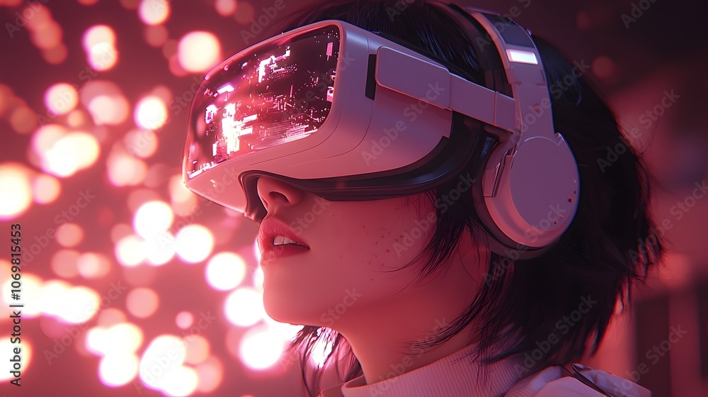 Poster immersive close up view of a virtual reality setup with an individual fully engaged in a digital wor
