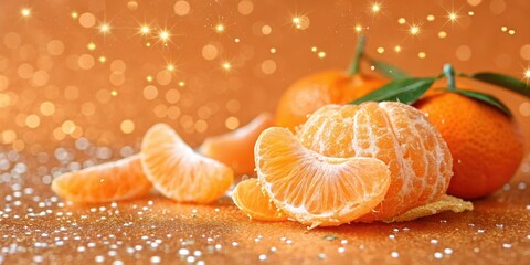 Tangerine segments and whole fruit with a bokeh background of glittering stars and light reflections.