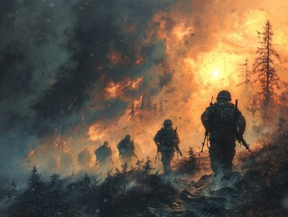 Soldiers Marching Through a Burning Forest: A Dramatic Image of War and Destruction