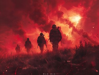 Fototapeta premium Silhouettes of Soldiers Amidst a Fiery Battlefield: A Powerful Depiction of War's Devastation