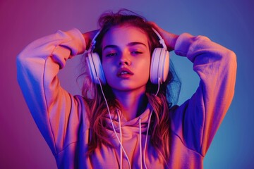 Teen model in hoodie dances to 90s music in neon lit studio.