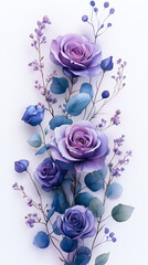 Watercolor floral border frame with gradient of purple roses and lilac flowers, delicate eucalyptus foliage, soft transparent background, vertical frame layout, gentle and refined