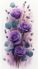 Watercolor floral border frame with gradient of purple roses and lilac flowers, delicate eucalyptus foliage, soft transparent background, vertical frame layout, gentle and refined