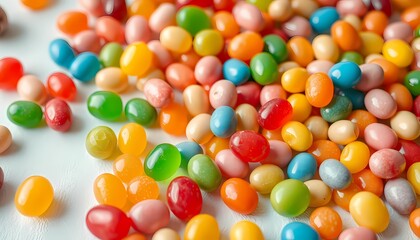 Colorful jelly beans, vibrant candy assortment, macro photography, scattered sweets, glossy surface, pastel colors, orange and blue dominant