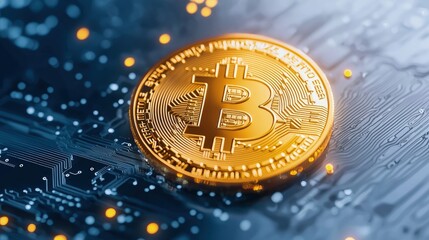 Golden Bitcoin Coin on Circuit Board Background with Glowing Effects