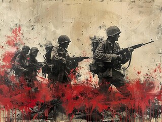 Soldiers in Combat: A Grunge Artwork Depicting the Brutality of War