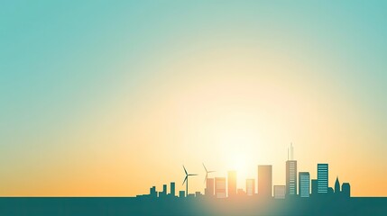Urban Skyline at Sunrise with Wind Turbines and Modern Architecture