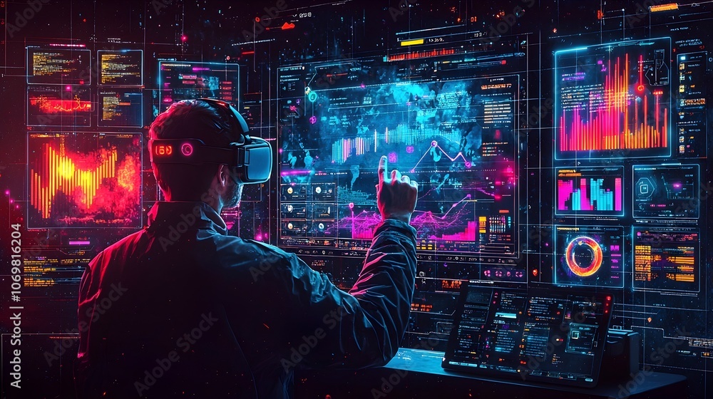 Poster individual wearing a virtual reality headset engaged in a dynamic virtual meeting with holographic d