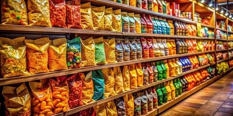 Fototapeta premium Vintage Style Interior of Harveys Grocery Store Featuring Colorful Display of Snack Chips with Emphasis on Unique Packaging and Nostalgic Atmosphere