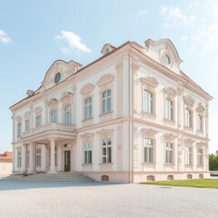 Fototapeta premium Classic Elegance: A stately manor with a grand facade, bathed in warm sunlight, exudes timeless charm and architectural splendor. The pristine white walls, ornate details.