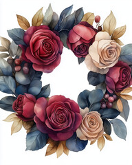 Watercolor rose wreath border frame, pink and red roses with green foliage, circular shape, romantic and elegant, balanced design, soft brush textures, vintage romance