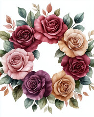 Watercolor rose wreath border frame, pink and red roses with green foliage, circular shape, romantic and elegant, balanced design, soft brush textures, vintage romance