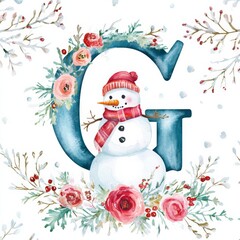Charming watercolor snowman in pink hat framed by delicate flowers and foliage artfully arranged, evoking a cozy winter scene with creative elegance.