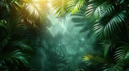 Sunlight and Palm Leaves Shadow on a Green Backdrop. Wellness