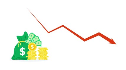 Illustration depicting financial decline with a downward trending graph money bag and coins symbolizing economic downturn loss or recession business video motion design - Powered by Adobe