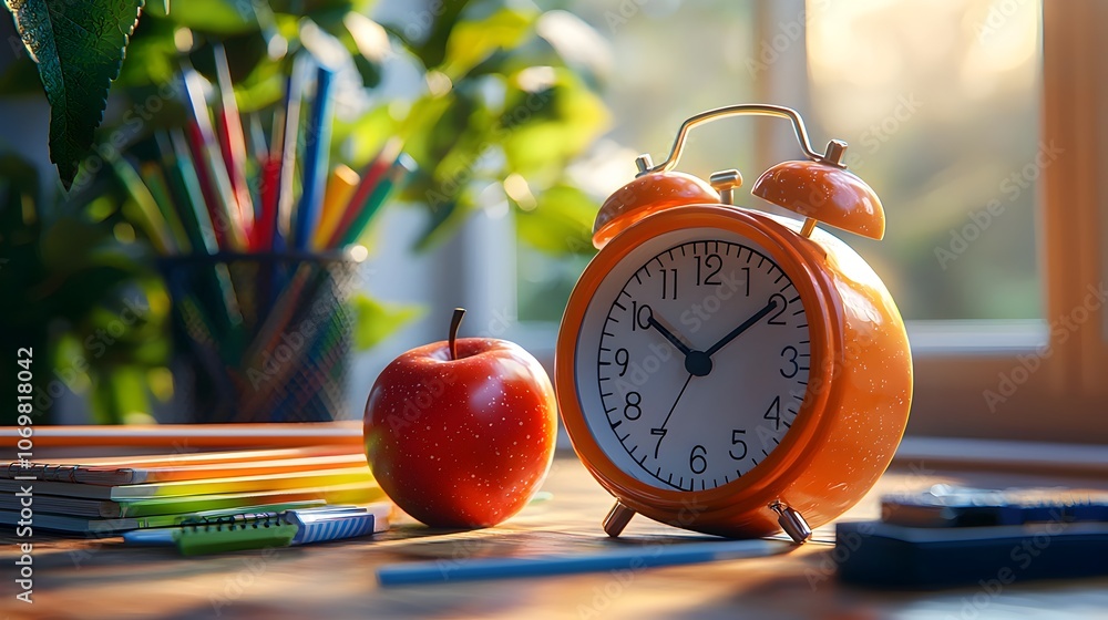 Poster lively 3d rendering of an orange alarm clock with a red apple and assorted school supplies positione