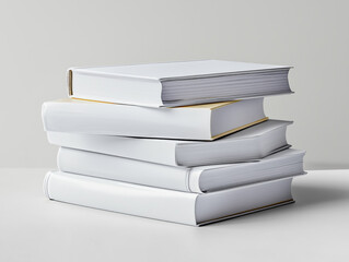 Stack of white books with the top book titled 