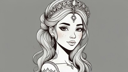 Princess with flower adorned hair for coloring, beautiful fantasy character sketch on blank page, dress outline for creative book, cute doodle illustration drawing.