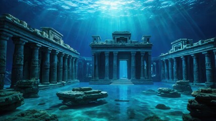 Illustration of Atlantis city submerged in a dark ocean with eerie blue light