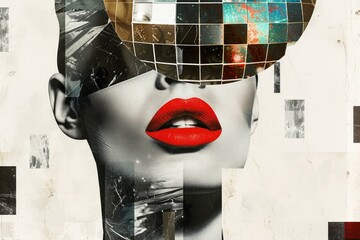 Abstract collage. Concept Disco girl with a head of disco ball and red lips
